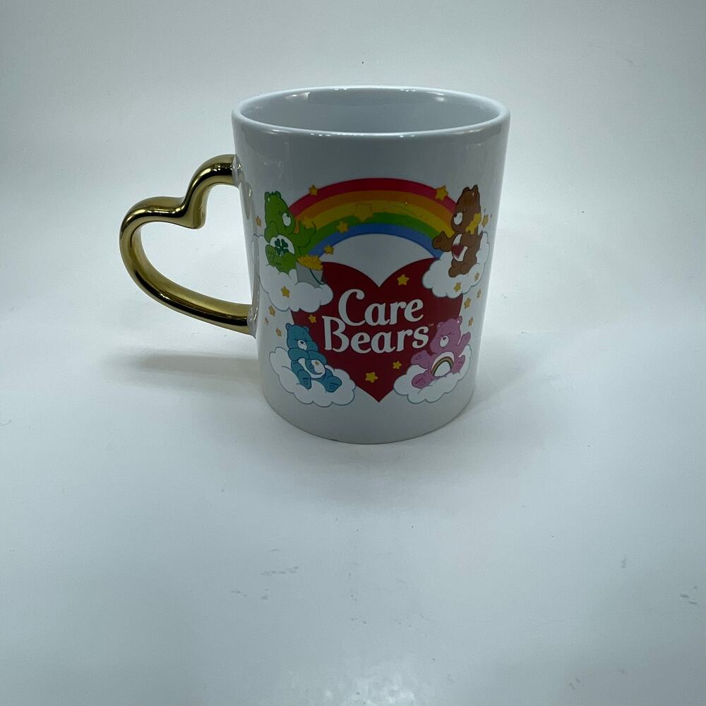 Care Bears Rainbow Heart 14 oz Ceramic Mug Gold Heart Handle Silver Buffalo NEW